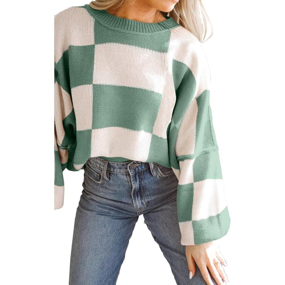 Women's Long Sleeve Crew Neck Checkered Knit Sweater Jumper Top Casual